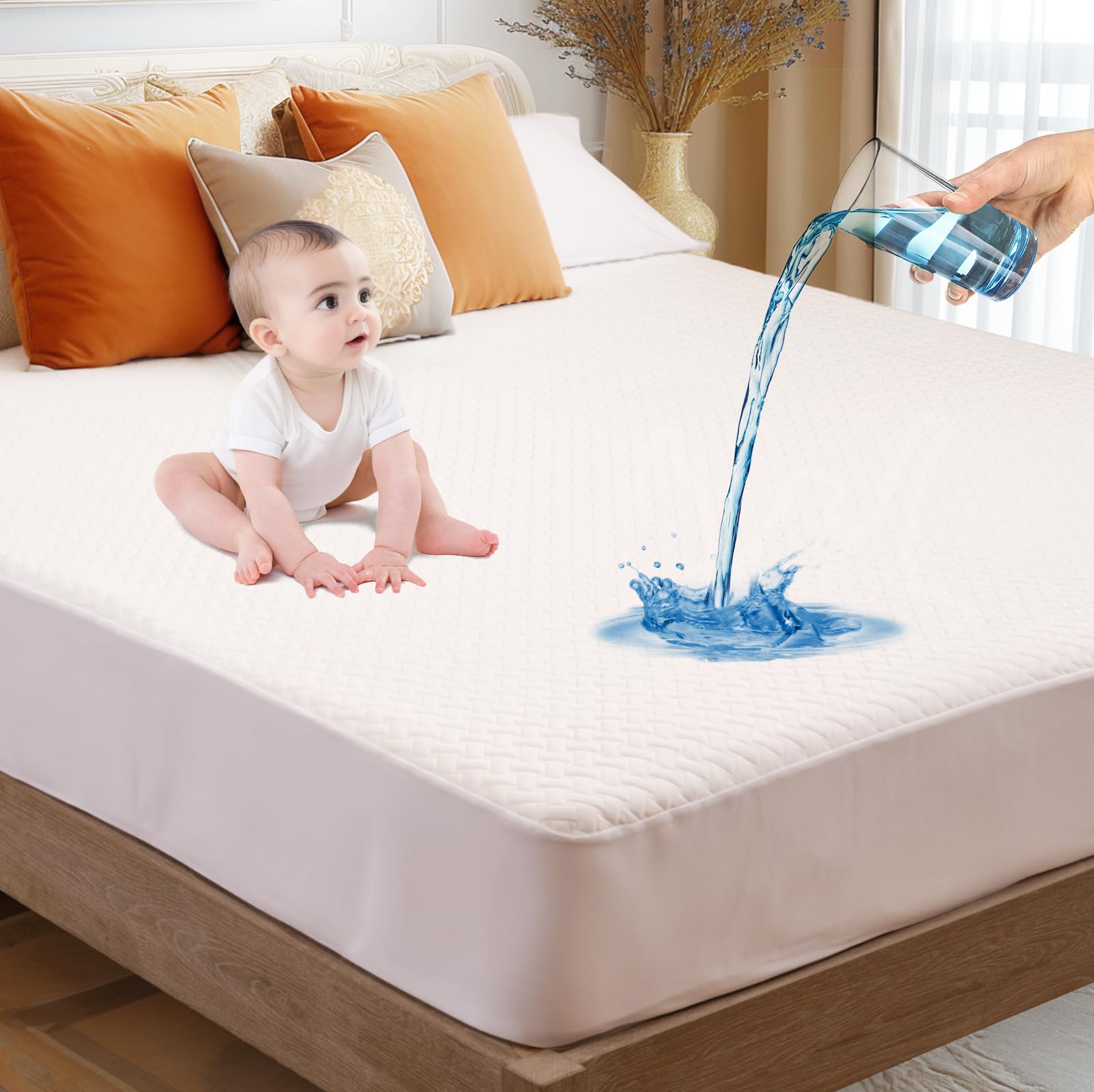 Arabest Waterproof Mattress Protector 200x200cm, Breathable Noiseless Soft Hypoallergenic 100% Water Resistant Mattress Cover with 20-30cm Deep Pocket