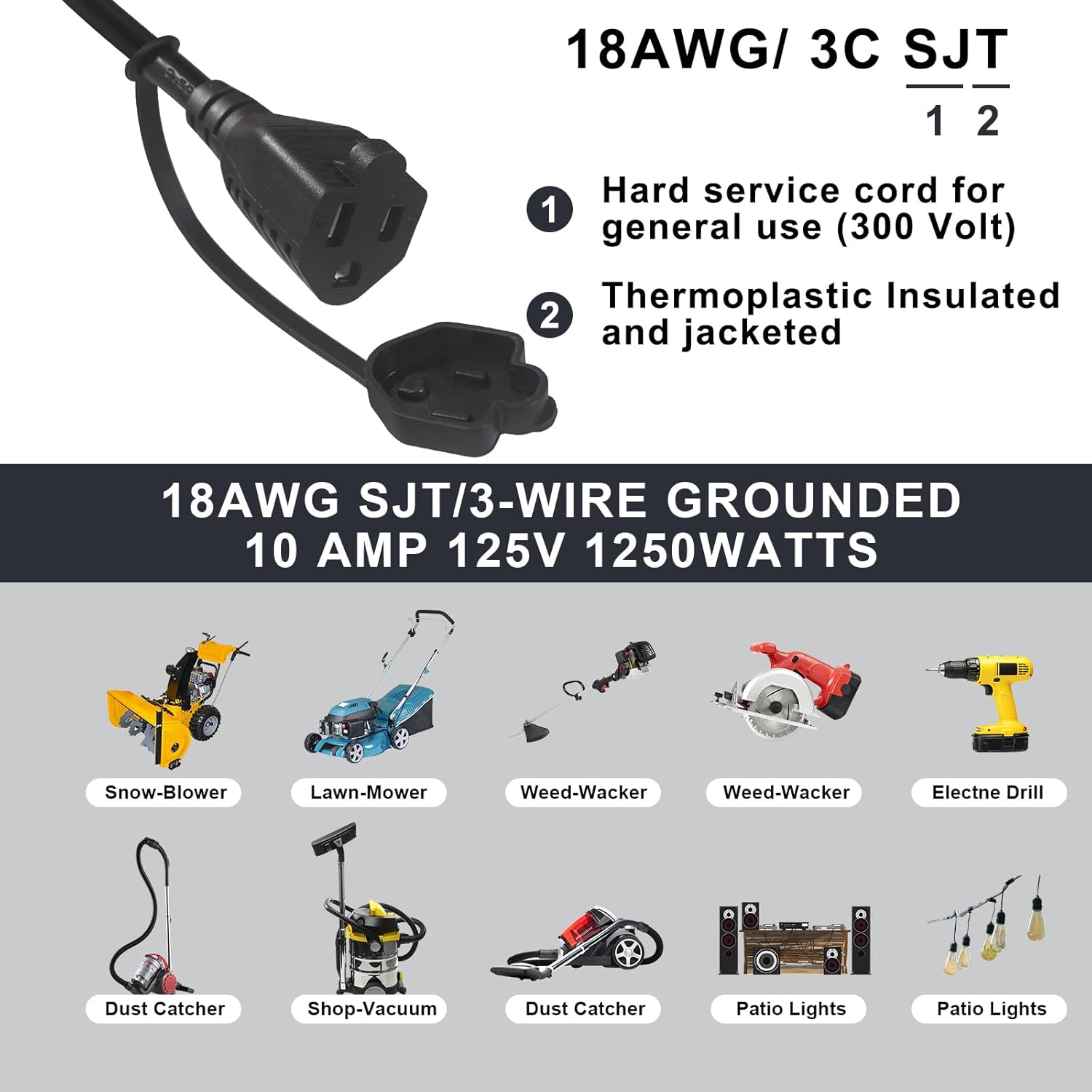Power Cord Extension Splitter, 1 to 2 Outlet Y Splitter Cable, 2.5FT 2 Ways NEMA 5-15P to 2 X NEMA 5-15R AC Power Cord, Heavy Duty Male to Dual Female 3 Prong Supply Cable, 13A 125V