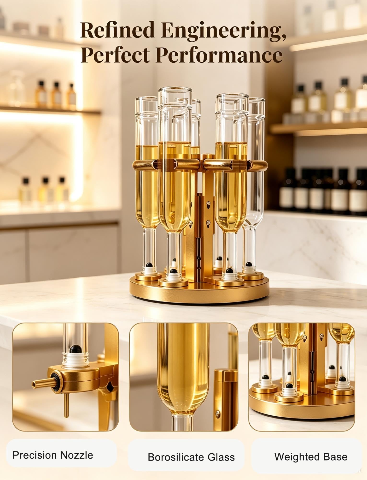 Dispenser profumo 6 posti, flaconi vetro 375 ml, supporto rotante