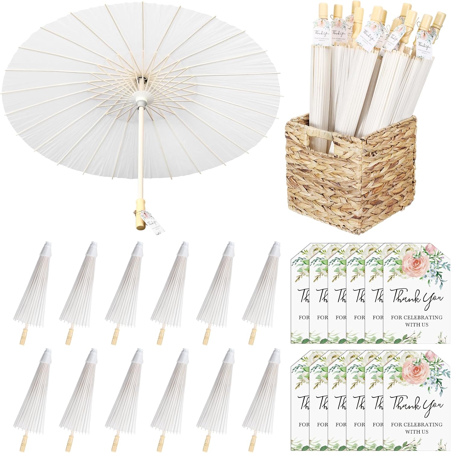 12 Set 33 Inch Wedding Paper Umbrellas with Thank You Cards Wedding Favors Decorative White Chinese Japanese Parasol Umbrella DIY Oiled Paper Painting Umbrellas for Bridal Party Decor