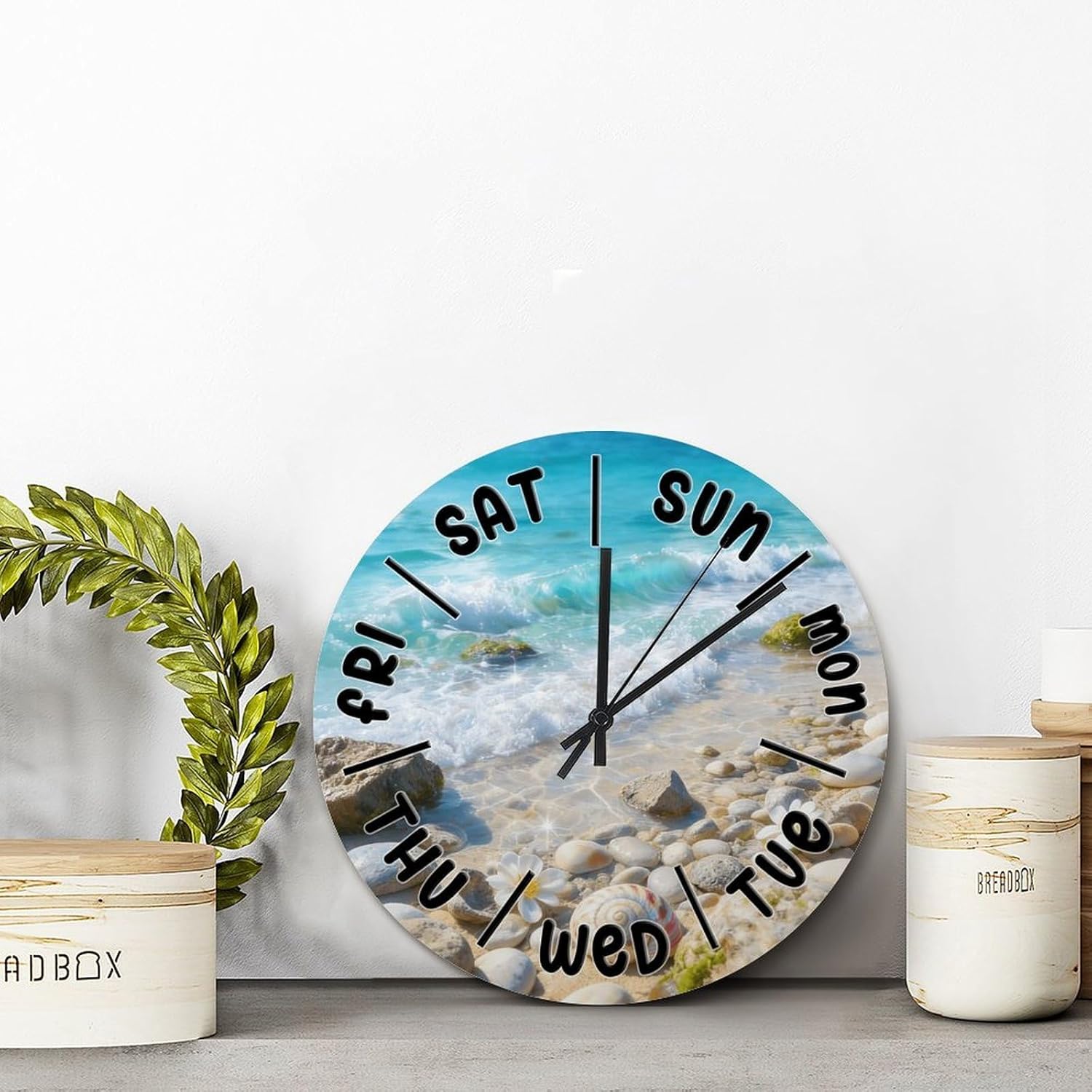 ArogGeld Seashell Beach Day of The Week Wall Clock Retirement Gift Coastal Nautical Large Wall Clocks Battery Operated 15 Inch Silent Non-Ticking Farmhouse Wall Decor for Bedroom Living Room