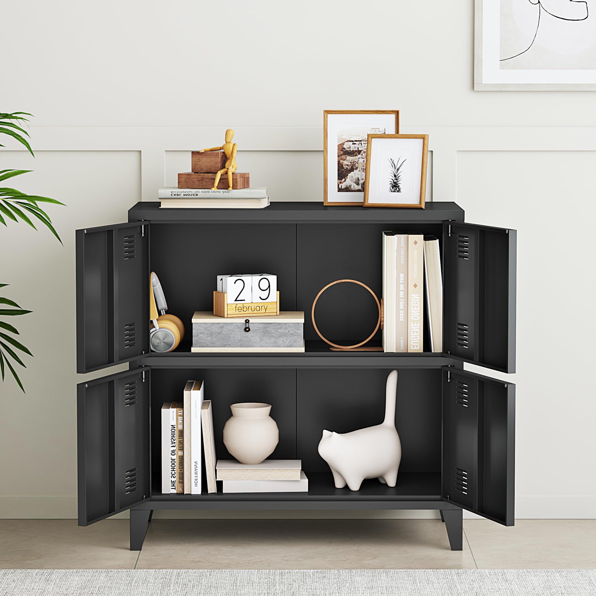 [en.casa] Armario Archivador Hamina Aparador Mueble de Oficina Estudio Garaje con 2 Compartimentos y 4 Puertas con Ranuras de Ventilación Acero 82 x 80 x 40 cm - Negro