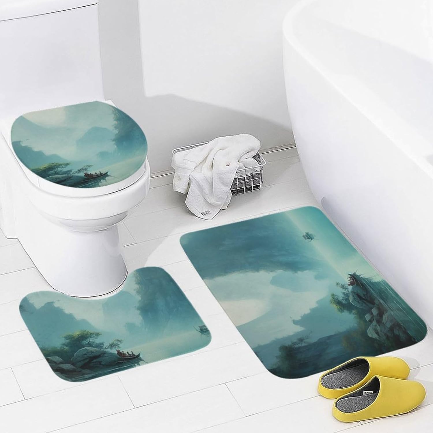 Anti-Skid Floor Mats 3 Piece Set,Country Life Pictures Printed Coral Fleece Bathroom Mats U-Shaped Contour Mat Toilet Seat Cover for Bathroom, Tub, Shower, Kitchen 19.7"x31.5"