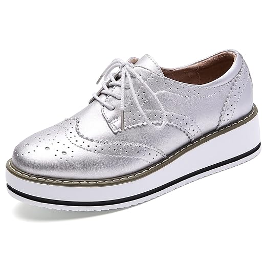 DADAWEN Women's Platform Lace-Up Wingtips Square Toe Oxfords Shoe