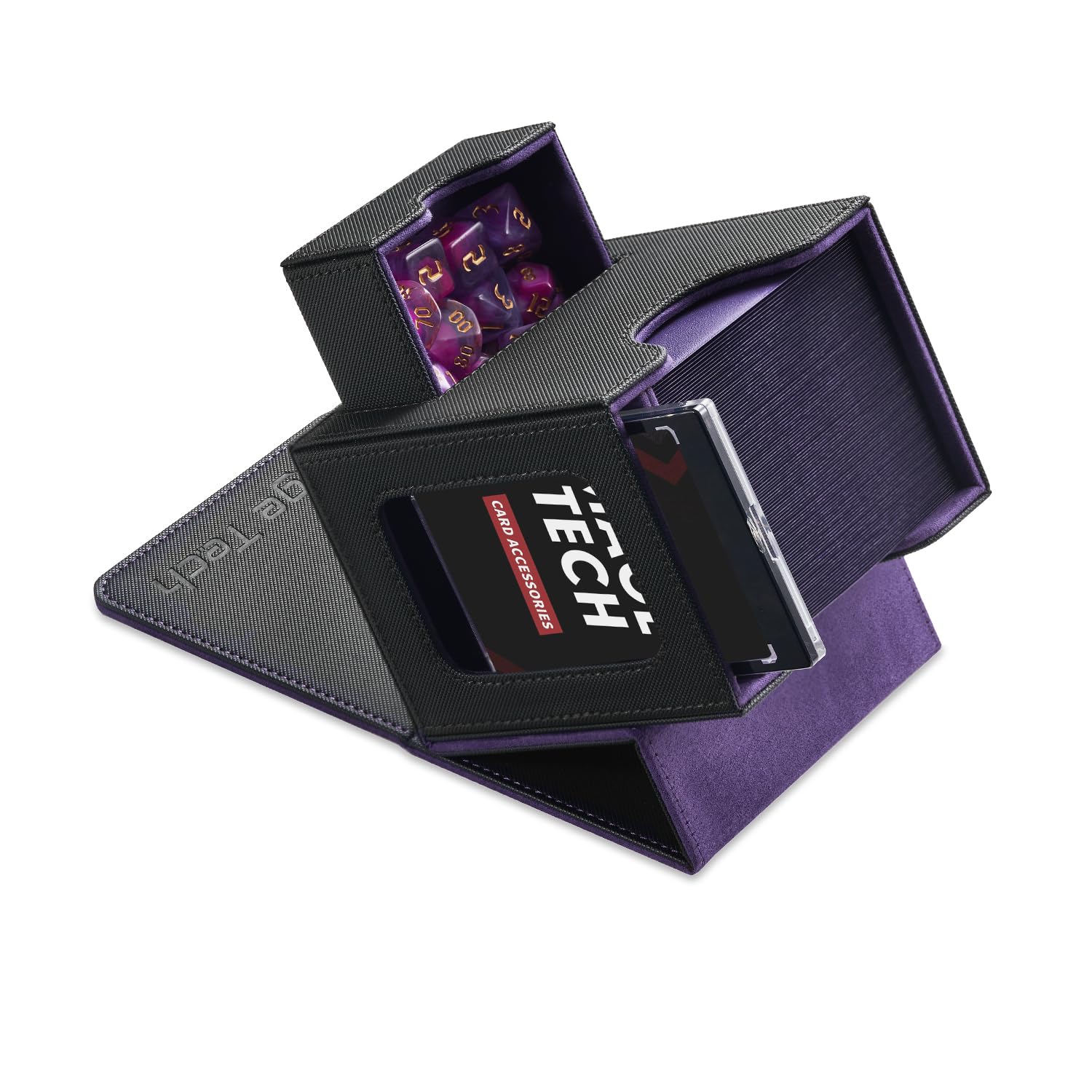 Mage Tech Commander Deck Box per MTG - Design Brevettato, Vetrina Commander, Adatta a 100 Carte Double-Sleeve, Porta Carte Magnetico da 35pt & Vassoio per Dadi - Nero/Viola