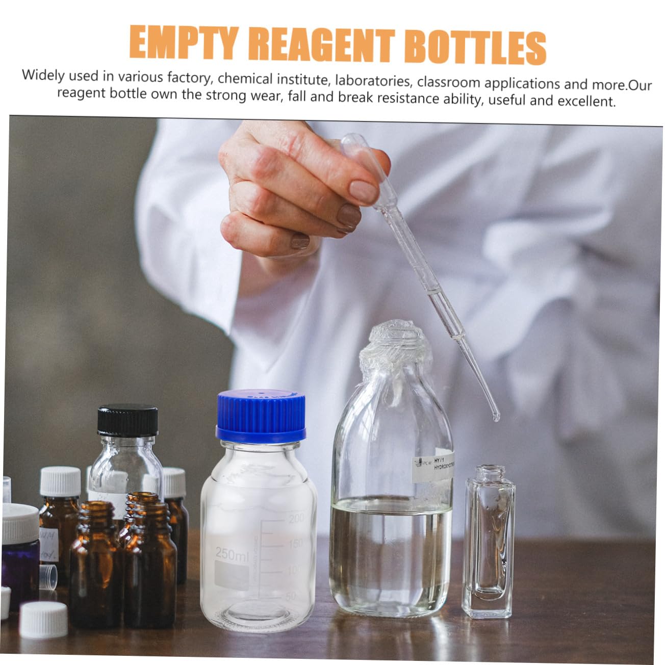 Ipetboom 4 Pezzi Flaconi di Reagente in Vetro Trasparente 250ml con Tappo a Vite Blu, Bottiglie Graduati per Conservazione Liquidi e Reagenti, Adatti per Laboratorio, Uso Industriale