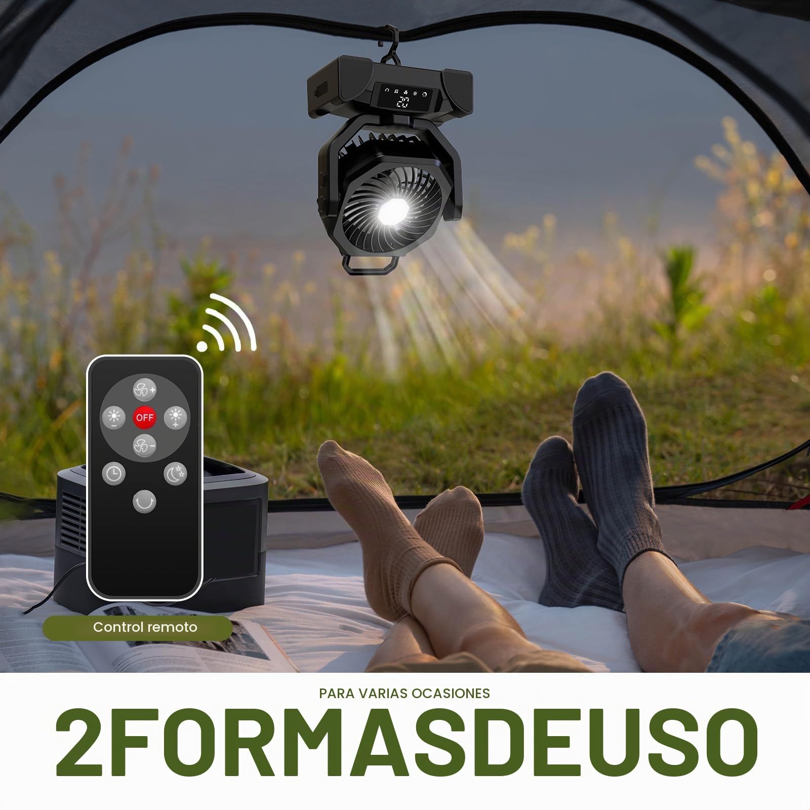 Ventilador de camping, 20000 mAh, USB, ventilador de mesa con luz, mando a distancia, ventilador oscilante con gancho colgante, 5 velocidades y temporizador, para tiendas de campaña, camping