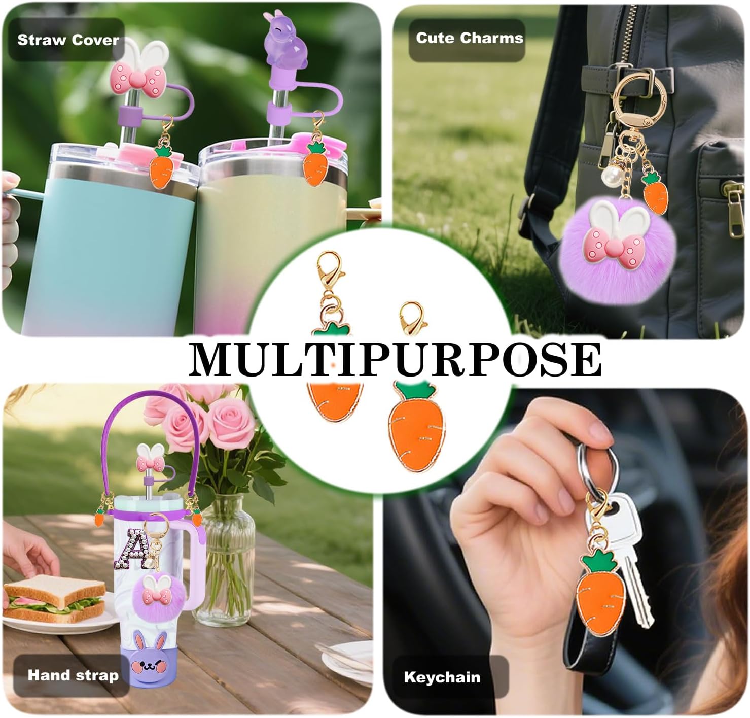 9PCS Rabbit Accessories Set for Stanley Cup, Including Rabbit Straw Toppers, Silicone Boot, Pom Pom Keychain, Handle Strap, Diamond Letter Stickers, for 30oz 40oz Tumblers image 3