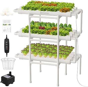 Hydroponics Growing System Kit 3 Layers/108 Sites Food PVC Pipes Planting Vegetables Herbs Garden Tools with Pump, Timer, Nest Basket, Sponge