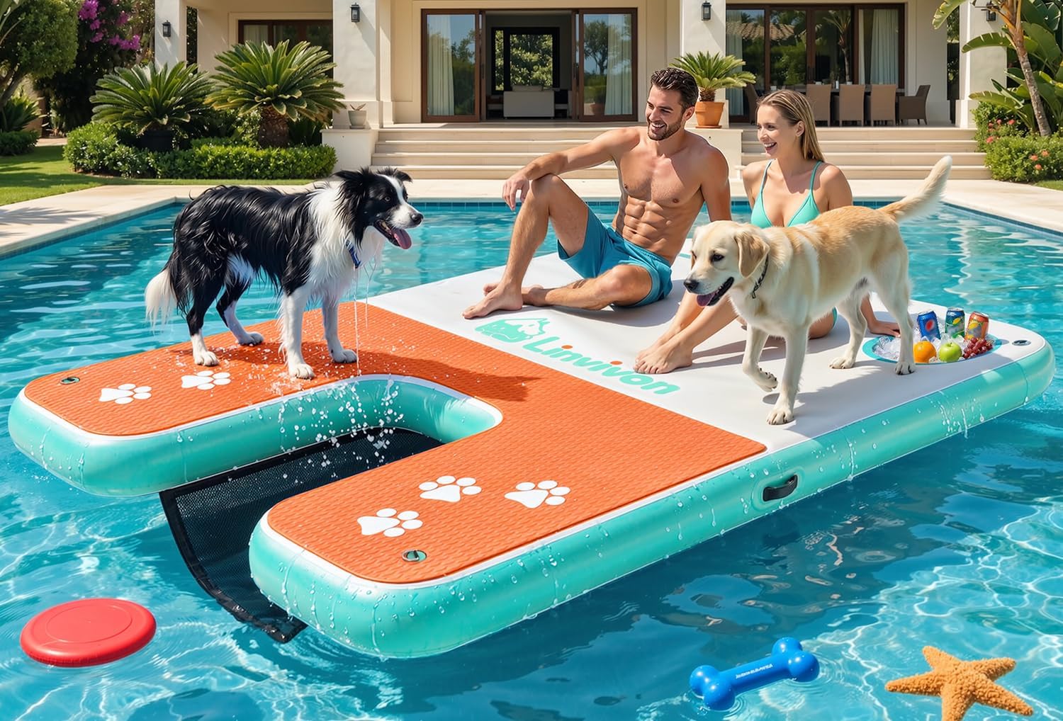 8x5ft Extra Large Inflatable Dog Dock & Boat Ramp for Multiple Large Dogs, 600 LBS Load Capacity, with Anti-Slip EVA Foam & Built-in Ice Bucket Compartment, Dog Water Ramp for Pool Boat Beach Orange