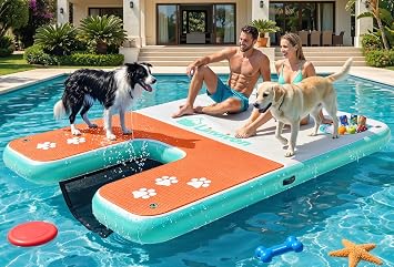 8x5ft Extra Large Inflatable Dog Dock & Boat Ramp for Multiple Large Dogs | 600 LBS Load Capacity, with Anti-Slip EVA Foam & Built-in Ice Bucket Compartment, Dog Water Ramp for Pool Boat Beach Orange