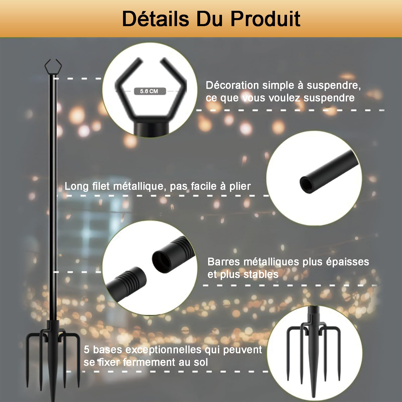 2 barras de luces con gancho de pastor, 3 m, postes de metal con tenedor para cadena de luces exteriores, terraza, patio, jardín, boda, fiesta (2 unidades)