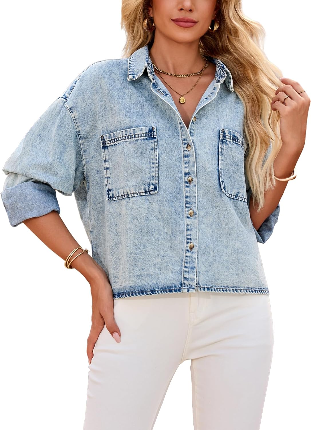 Women's Cropped Denim Shirt Long Sleeve Button Down Jean Blouse with Pockets, Comfort Fit Casual Vintage Top