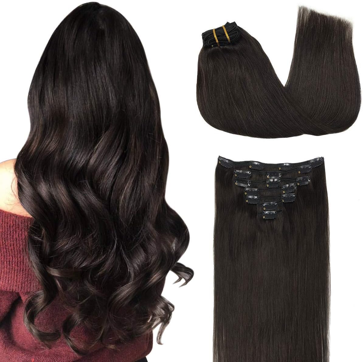 GOO GOO Clip in Human Hair Extensions, 20inch 120g 7pcs, Hair Extensions Clip in, 2 Dark Brown, #2 Dark Brown, 20 Inch-120g-7pcs