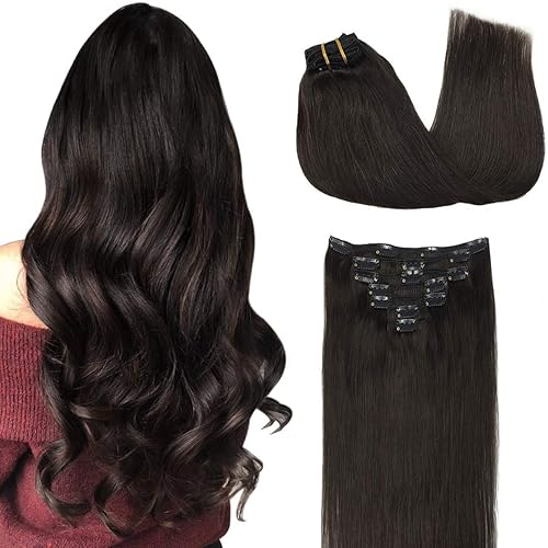 GOO GOO Clip-in Hair Extensions for Women, Soft & Natural, Handmade Real Human Hair Extensions, Dark Brown, Long, Straight #2, 7pcs 120g 24 inches