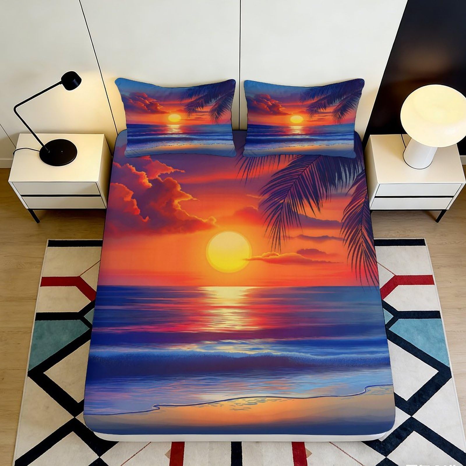 3D Printed Sunset Beach Fitted Sheet Microfiber Soft Breathable Ocean Palm Mattress Cover for Bedroom Dorm Decor 140x200x25cm