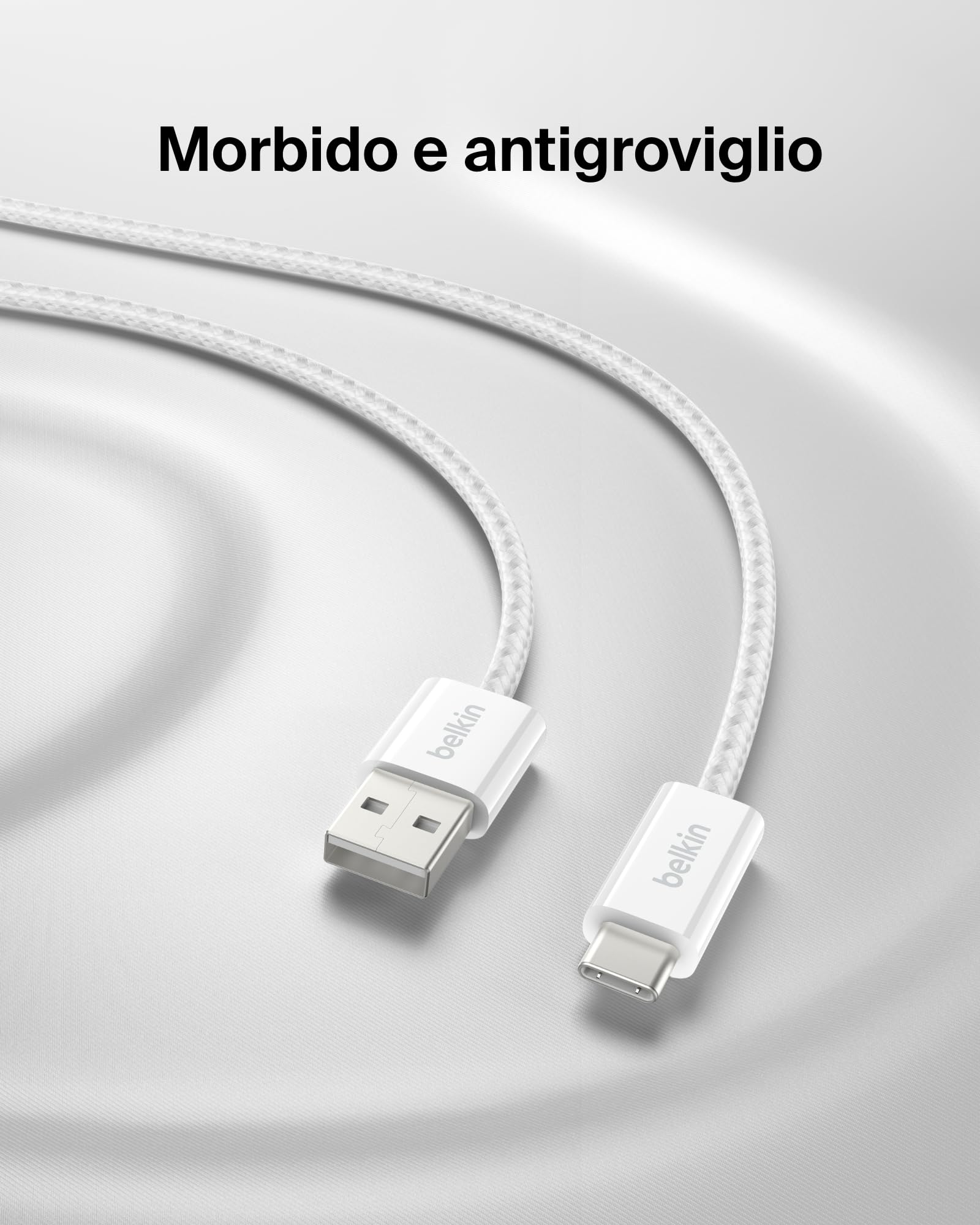 Belkin Confezione da 2 cavi intrecciati da USB-A a USB-C da 1,5 m, 15 W, cavo flessibile per ricarica rapida, cavo Type-C per iPhone 17 e iPhone 16 series, Galaxy S25, Pixel 10, iPad Pro ecc., bianco
