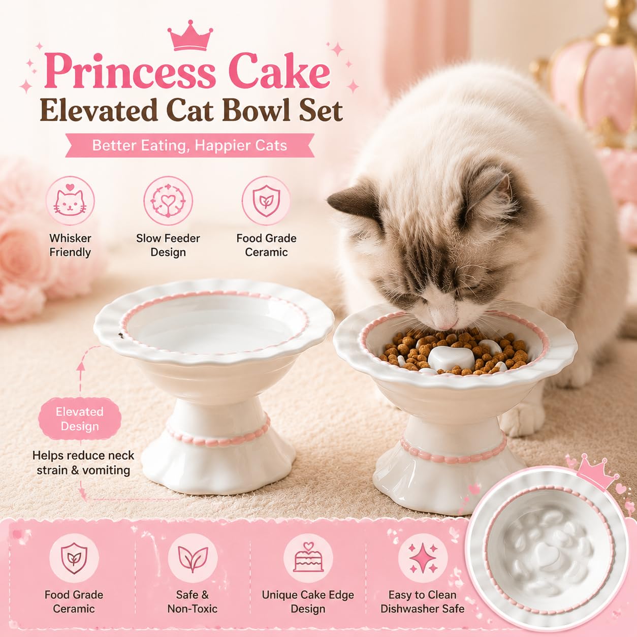 Lot de 2 gamelles surélevées en céramique pour chat avec alimentation lente et eau - Protection du cou - Anti-étouffement - Décoration d'intérieur élégante et cadeau pratique pour les parents