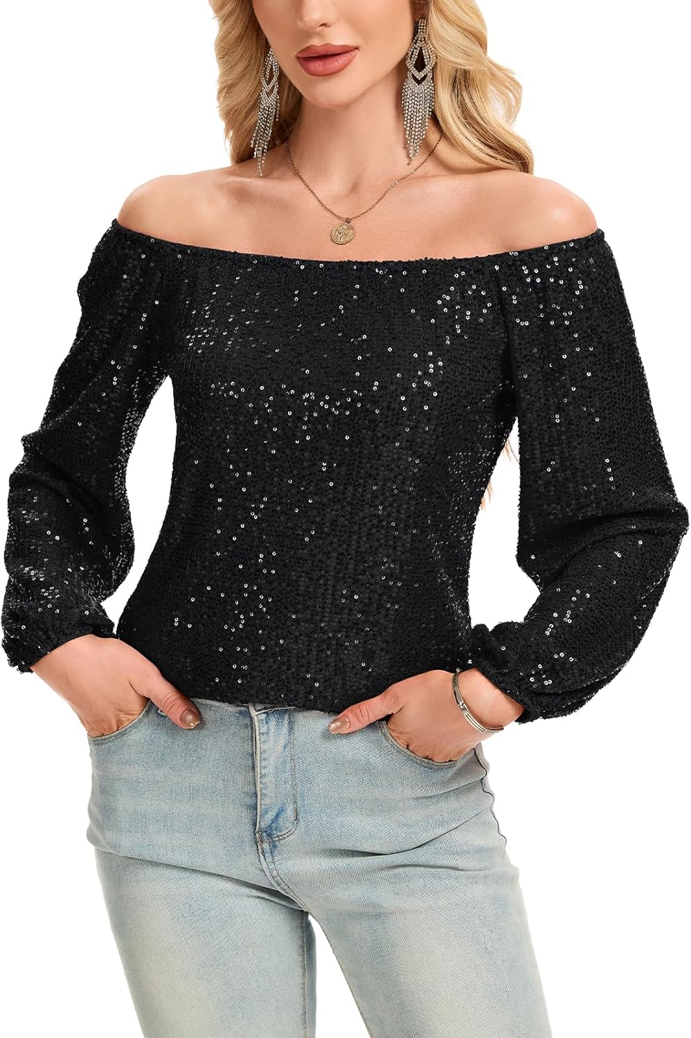 Women's Off The Shoulder Sequin Tops Long Sleeve Glitter Sparkly Dressy Blouses Club Party Top - Image 6