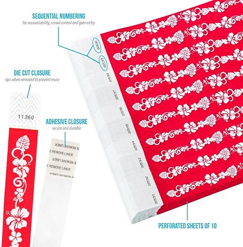 Miniatura 2 de 500 pulseras Tyvek de flores hawaianas rojas de Wristco para eventos, cómodas pulseras de papel resistentes a desgarros, pulseras de identificación