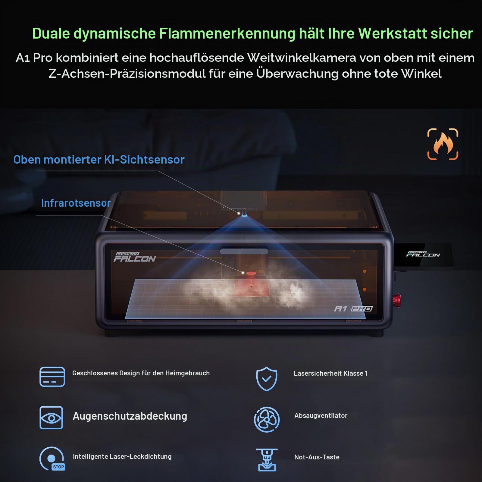 Creality Falcon A1 Pro 20W Lasergravierer mit Rotationswalzen Pro, Geschlossen Laser Graviermaschine und Schneider mit Intelligenter Kamera, Touchscreen, Präziser Autofokus, App Steuerung