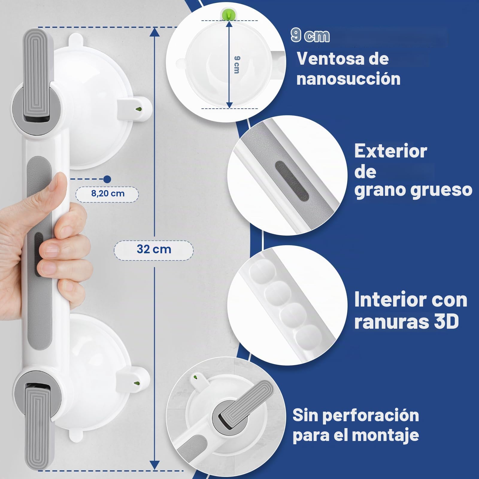 Agarraderas baño para mayores, MAX 200KG, Agarrador ducha personas mayores y Bañera Sin Taladro con Ventosa – Antideslizante con Alfombrilla para Baño, WC, Escaleras y Movilidad Reducida
