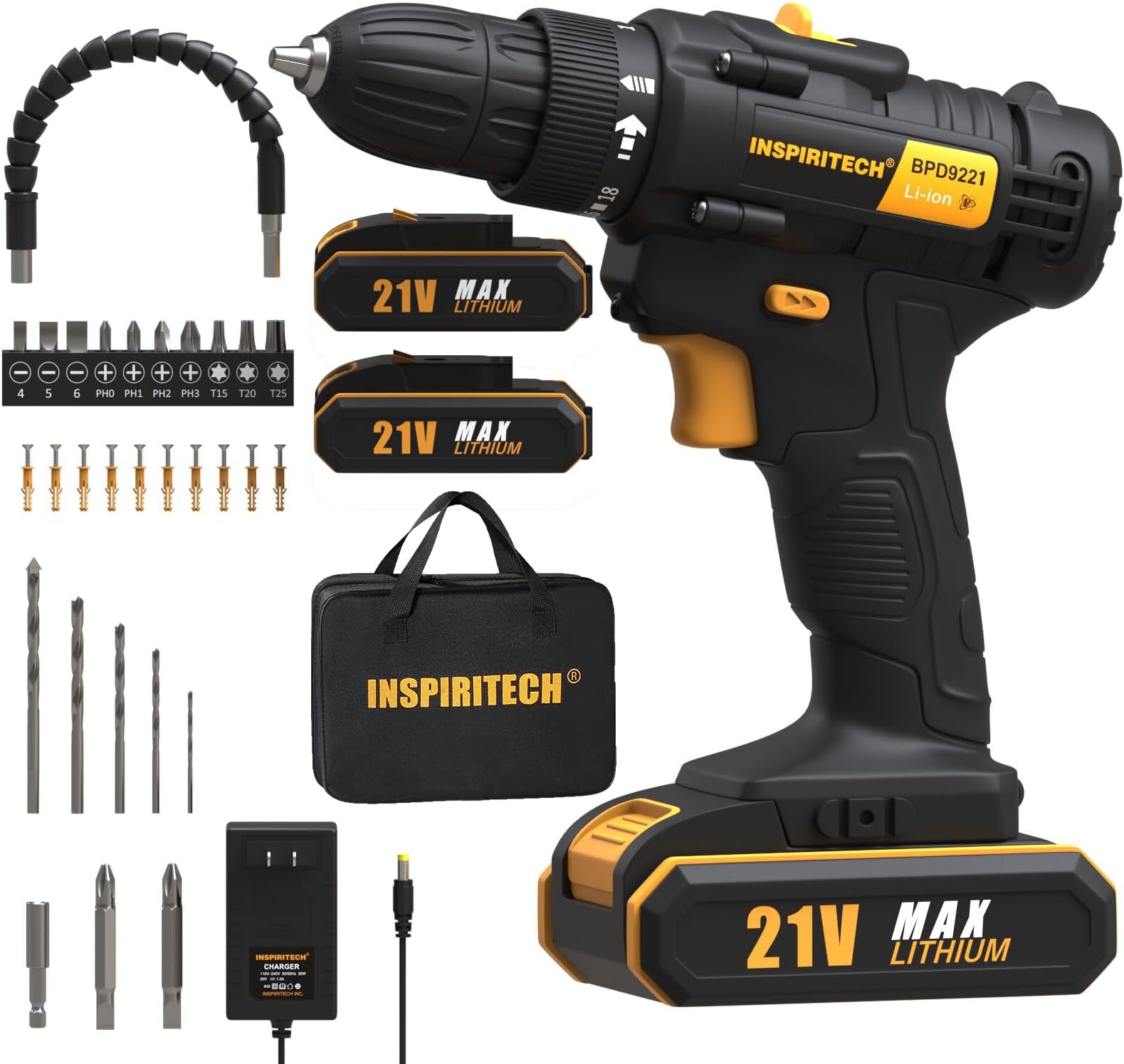 21V Cordless Drill with 2 Batteries and Charger,3/8-Inch Keyless Chuck Power Drill Set,2 Variable Speed Electric ScrewDriver, 19 Torque Setting with Drill/Driver Bits