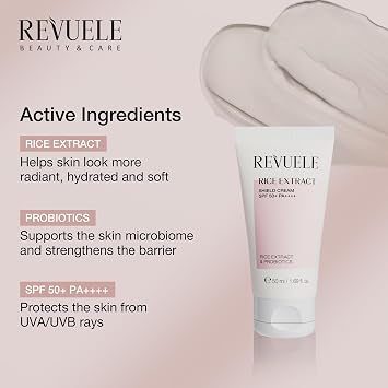 REVUELE Rice Extract Face Cream SPF 50+ PA++++ Daily UVA/UVB Sun Protection, Hydrates, Soothes and Supports Skin Balance, Bright, Radiant Skin, 50ml