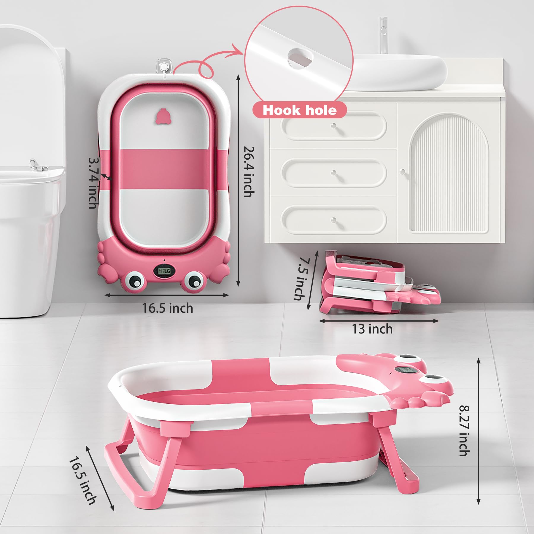 Bañera plegable para recién nacidos con termómetro y cojín flotante suave, portátil y plegable, bañera de viaje para bebés y niñas pequeñas de 0 a 36 meses (rosa)