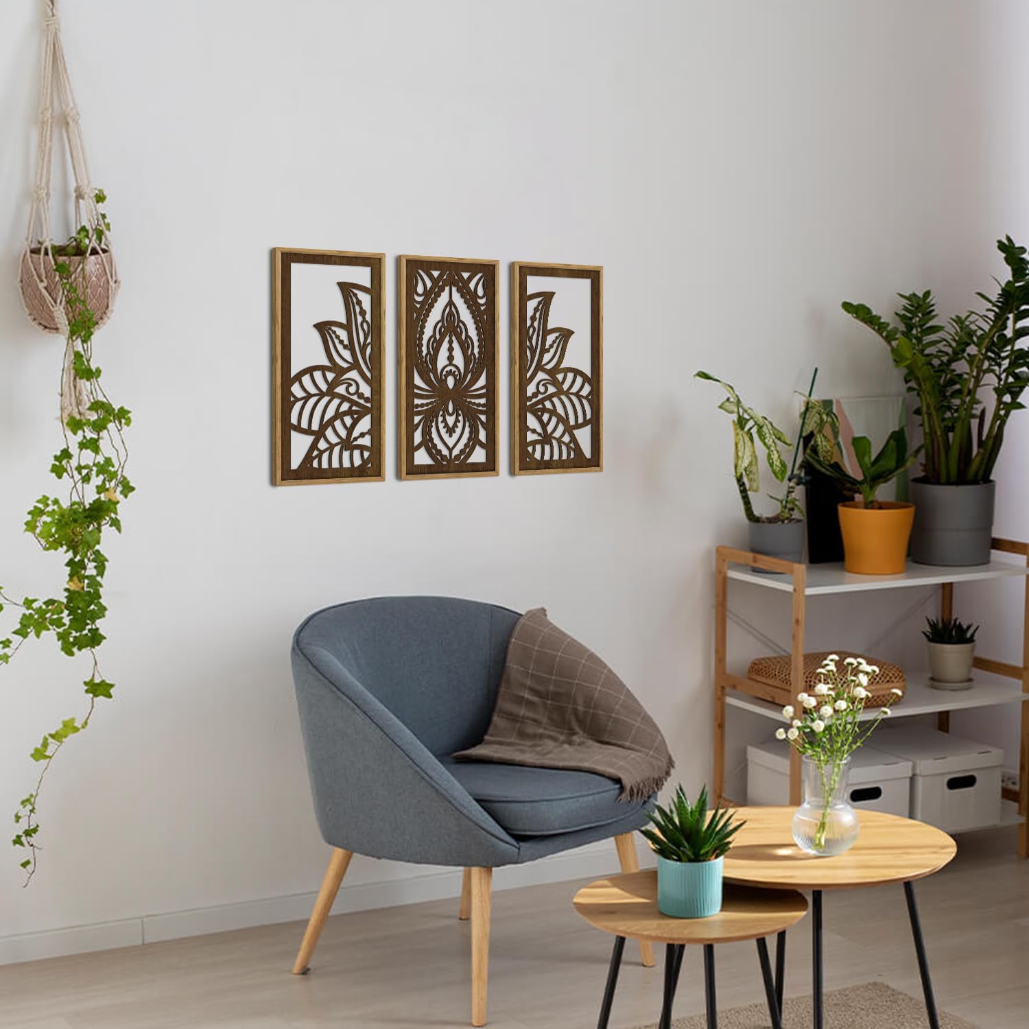 HPNIUB 3PCS Lotus Flower Wall Decor, Mandala Carved Wood Sign for Yoga Room, Spiritual Meditation Wooden Hanging Plaque Home Decor for Living Room Office Bathroom Decoration(8x16Inch)