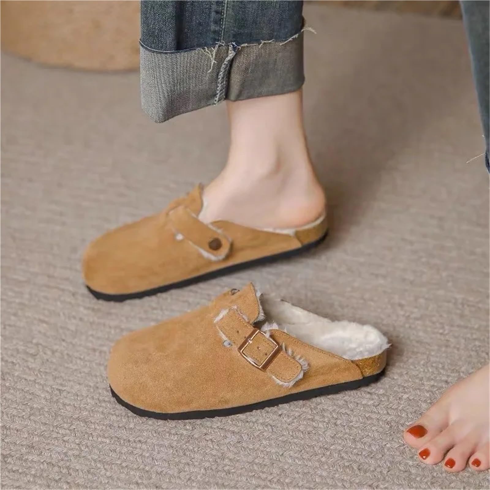 Zapatillas de mujer Zuecos piel Invierno Hogar Peludo Corto Felpa Planas Diapositivas Cálido Al aire libre Casual Hombres