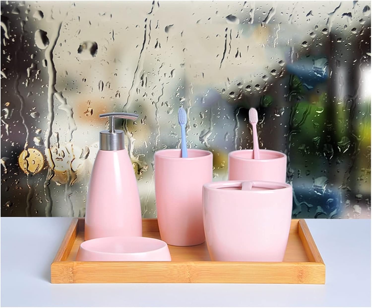 Soap Dispenser Ceramic 4-piece Soap Dispenser Household Bathroom Toiletries Cosmetic Lotion Bottle/mouthwash Cup/toothbrush Holder/soap Dish Solid Color liquid soap dispenser ( Color : Green )