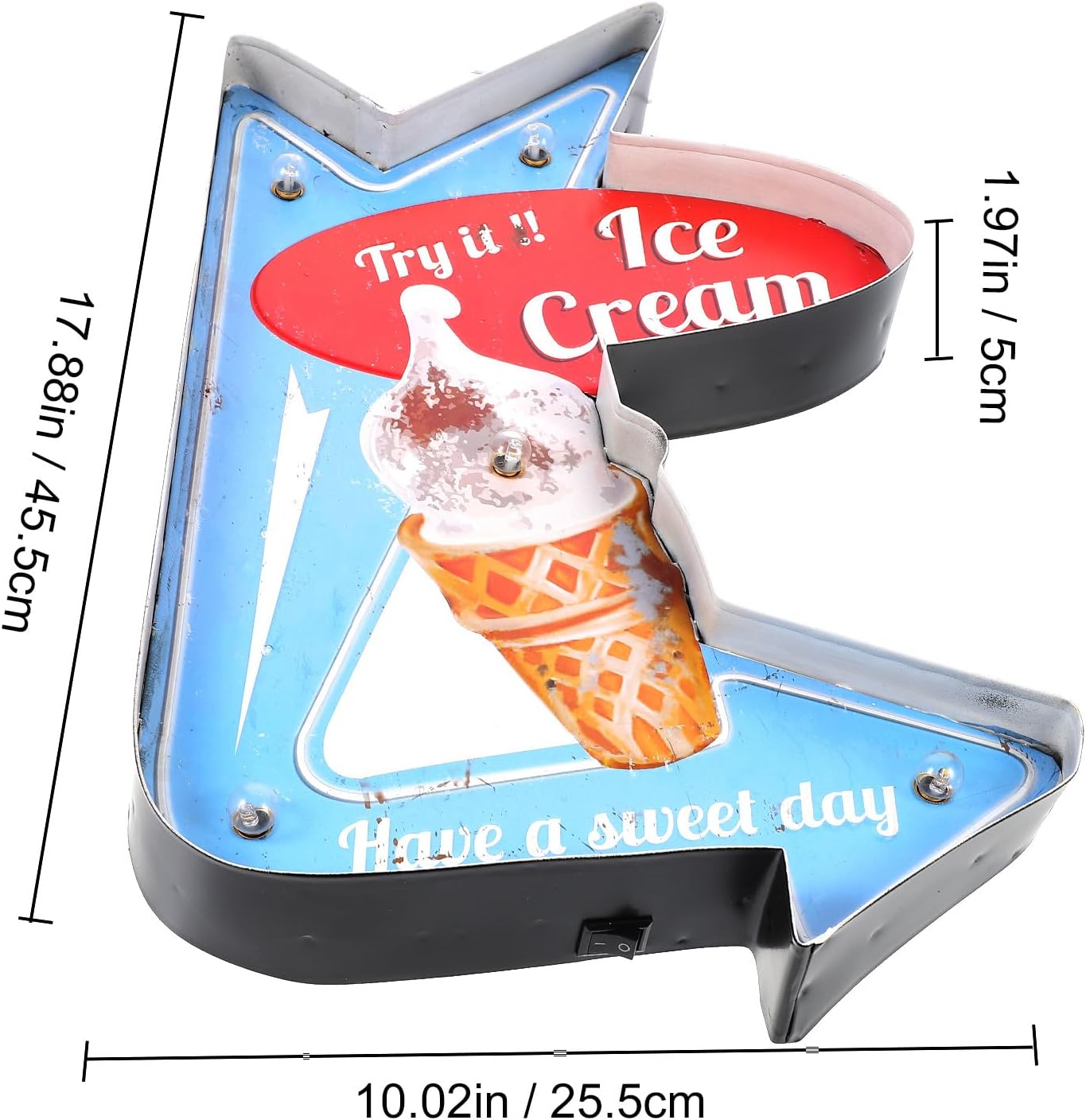 LED Ice Cream Advertising Board Flashing Light Decor for Walls, Retro Iron Art Shop Sign without Battery, Creative LED Lighted Ice Cream Wall Decoration for Cafe and Store