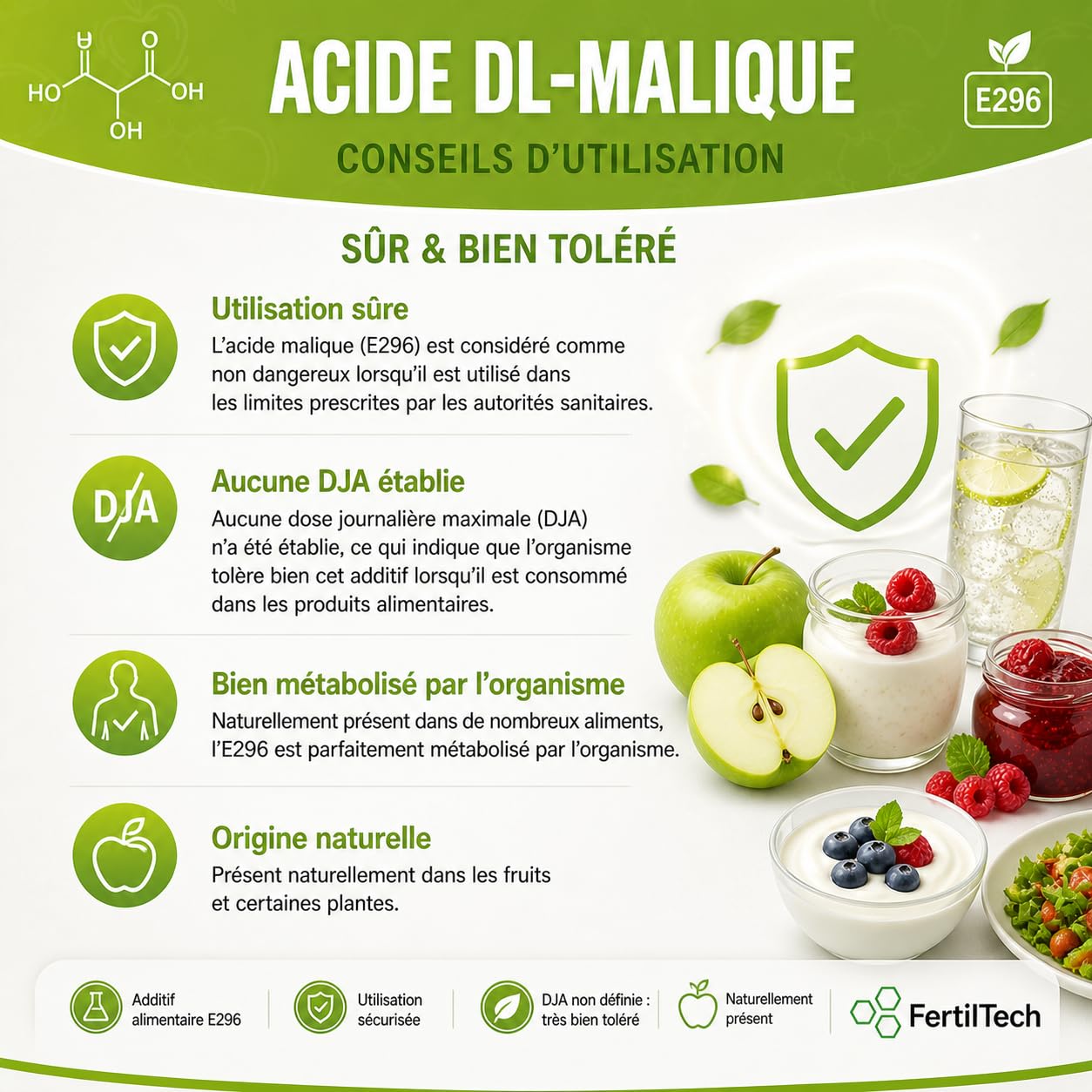 FertilTech Acide Malique Alimentaire 750 g Acidifiant Naturel Qualité Alimentaire Pour Boissons Confiseries et Pâtisseries Goût Acidulé Fruité Convient aux Recettes Maison Formule Vegan