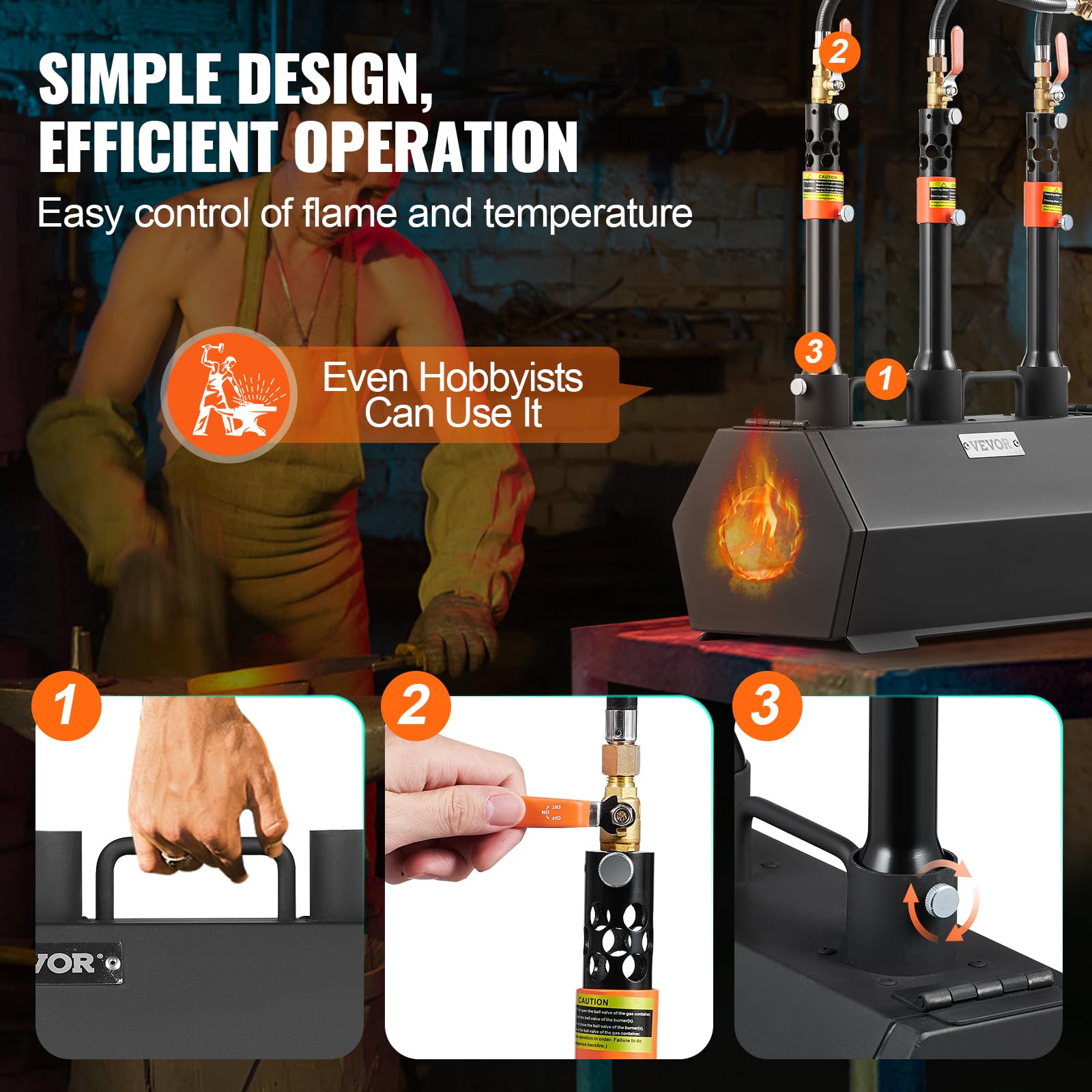 VEVOR Forja de Gas Propano 3 Quemadores, Horno de Fusión de Propano Temperatura Máx 1427 ℃, Horno de Forja de Gas Portátil, Fabricación de Cuchillos, Forja de Metales para Cuchilleros, Herreros