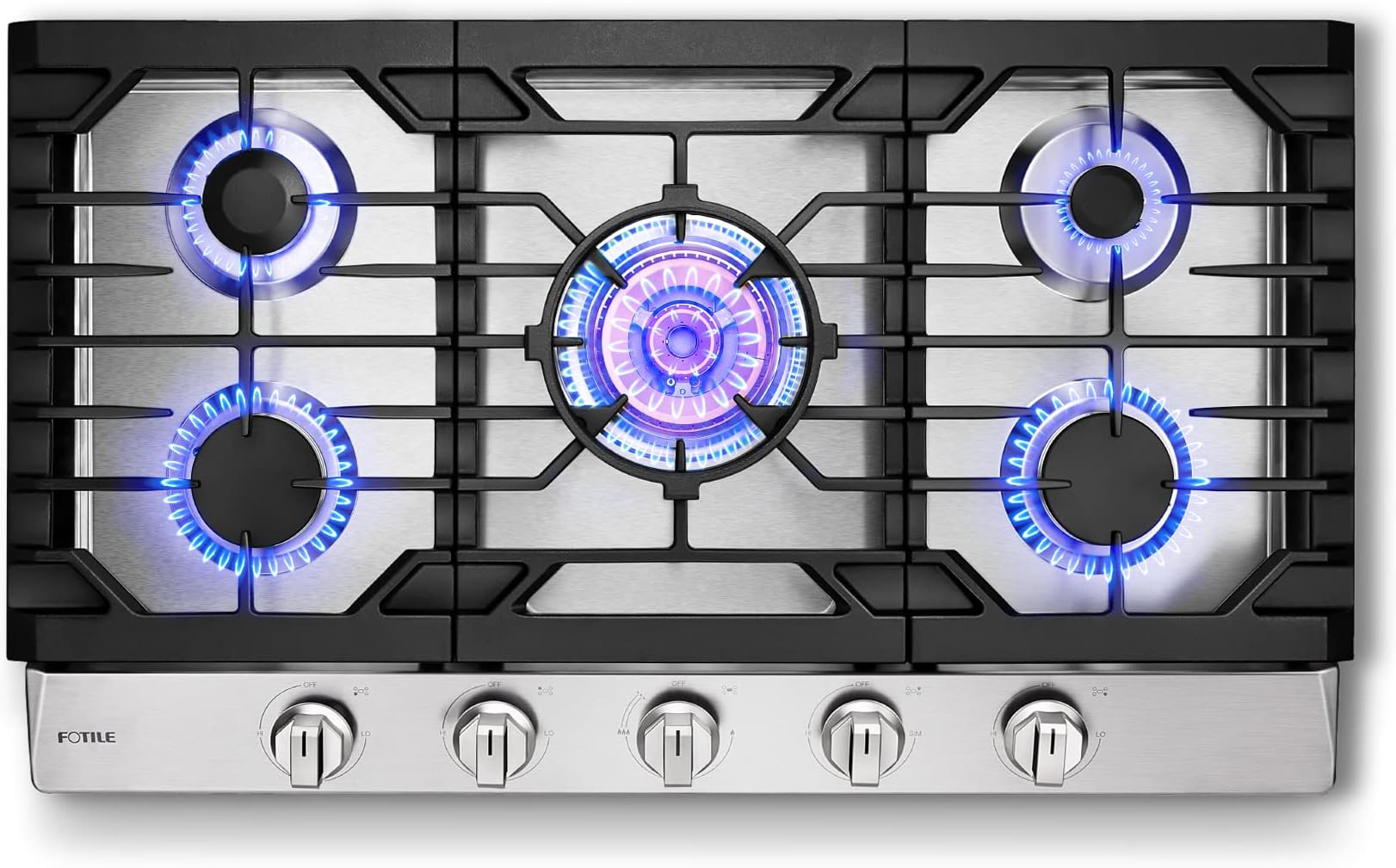 FOTILE GLS36502 36” Stainless Steel 5-Burner Gas Cooktop, Tri-Ring 22,000 BTUs Center Burner with Flame Failure Protection Removable Grates and Installation/LP Kit
