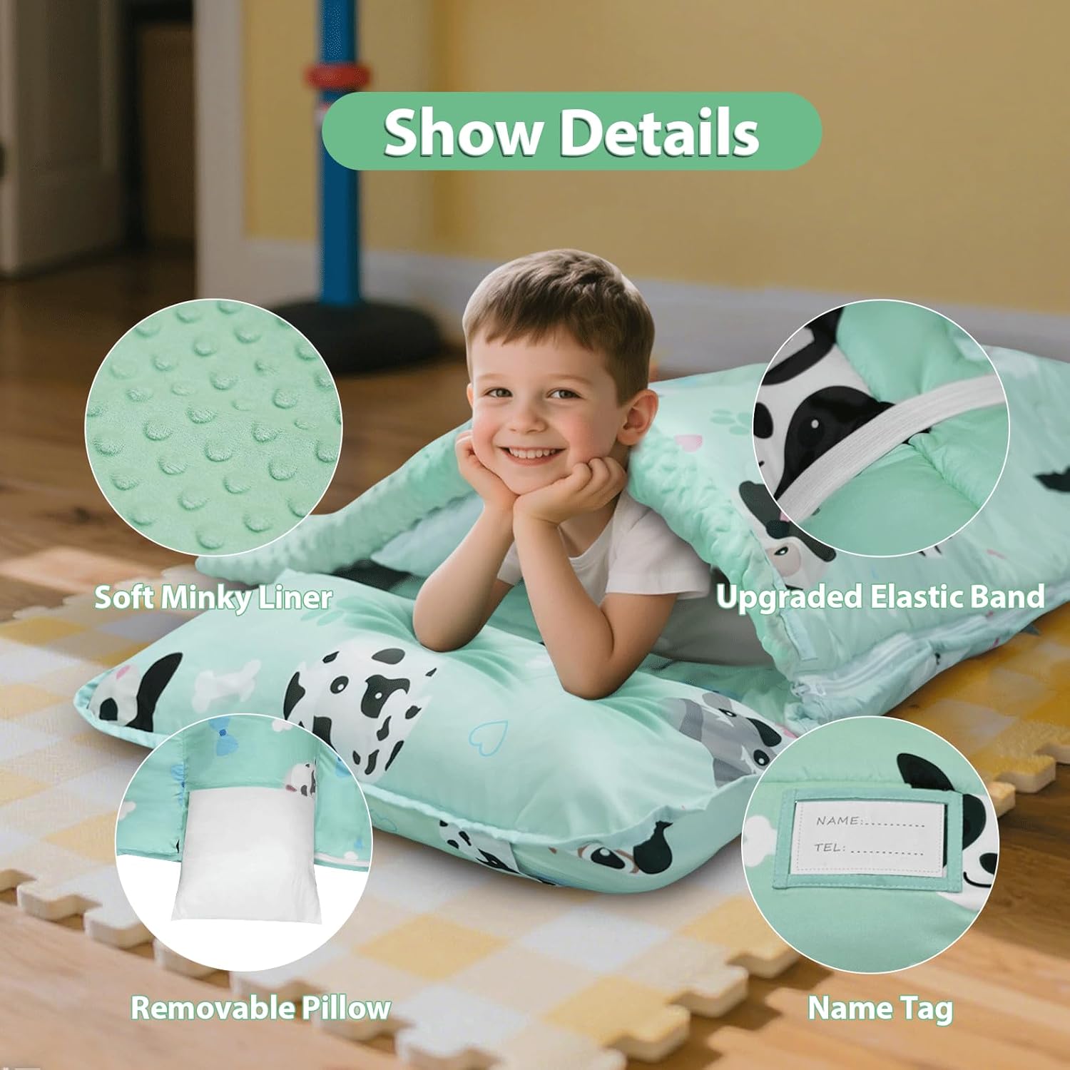 Nap Mat: Toddler Nap Mat with Removable Pillow and Removable Fleece Minky Blanket, Light Weight and Soft Perfect for Preschool and Daycare, 55"x22" Fit Standard Cot