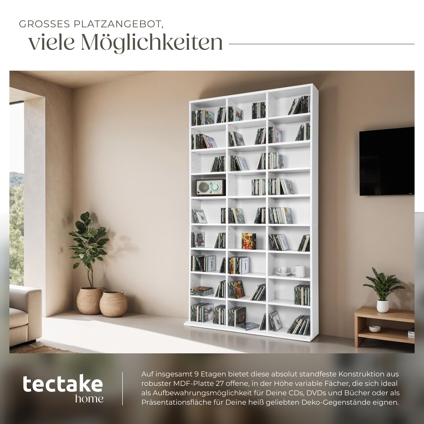 tectake Regal Aufbewahrung, offene Schrank Wand stehend für CDs, DVDs, als Bücherregal, Raumtrenner, Ständer oder Vitrine für Sammlungen und Hobby - weiß
