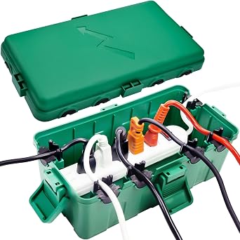 Hrensaw Medium Outdoor Electrical Box10.6x5.5x4.5inch,IP54 Waterproof Extension Cord Cover w/6 Cable Entry,Weatherproof Connection Box Protect Power Strip,Timer,Plug,Holiday Lights,Green