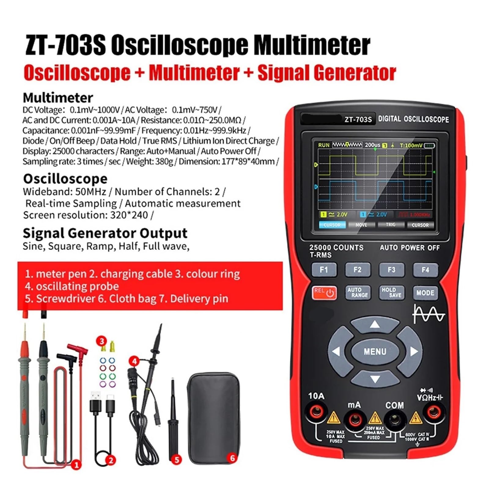 Oszilloskop-Multimeter ZT703S 3in1 Digital-Oszilloskop-Multimeter 50MHz 280MS Rate PC Wellenform Datenspeicherung Dual Generator,zur Messung
