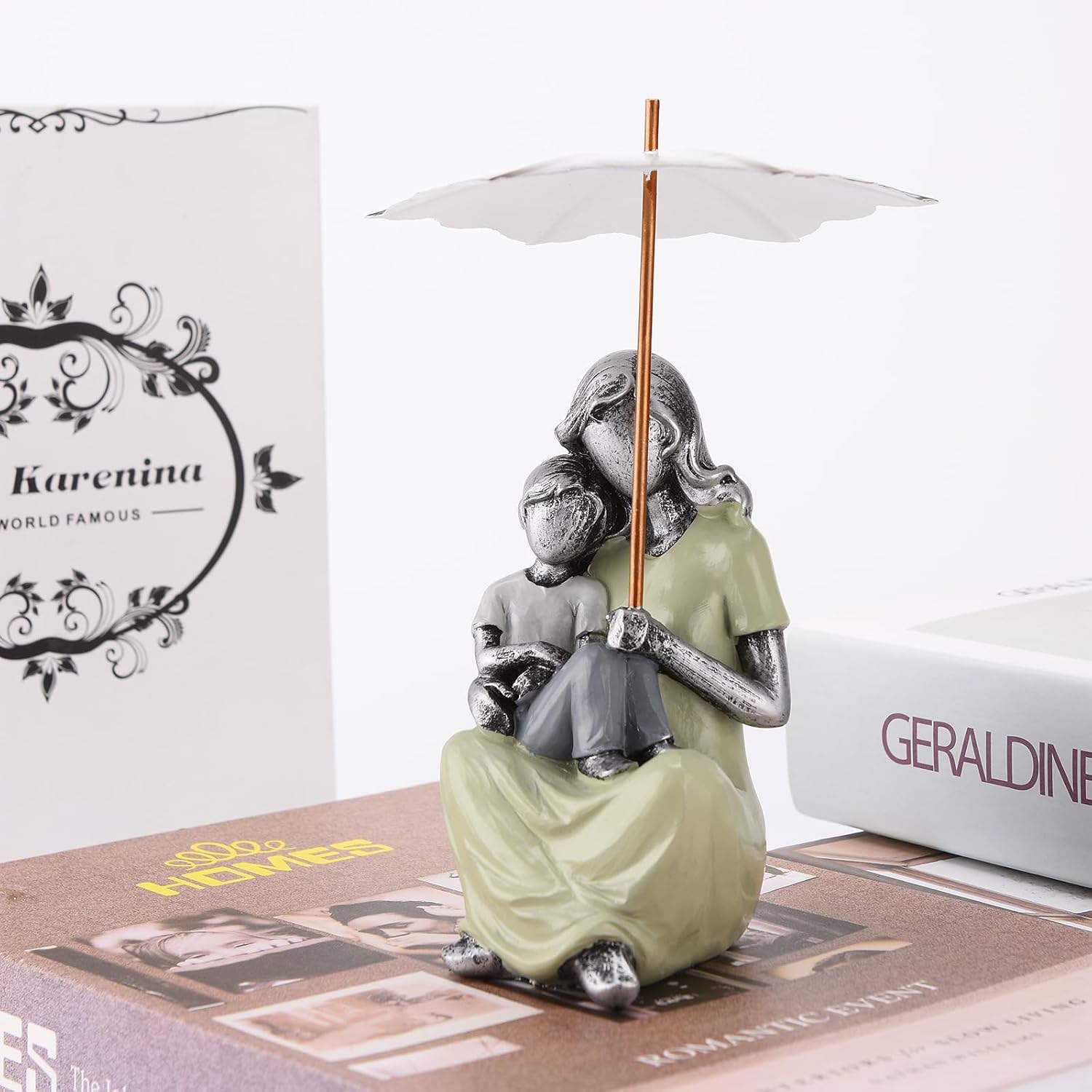 BRABUD Resin Mother Holding Child Hold an Umbrella Statue Skirt Decoration Small Sculpture for Mother TV Stand Living Room Bedroom Ornament TQGJBS475