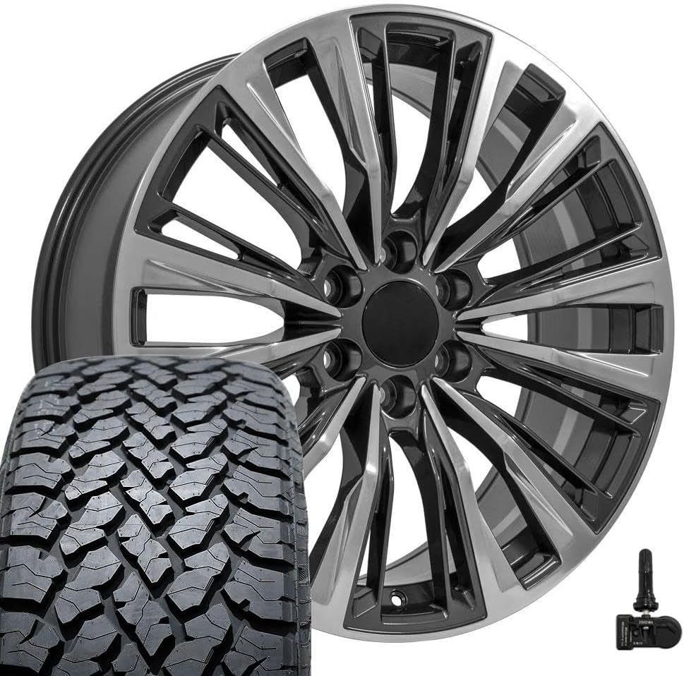 OE Wheels CA93 22 Inch Rims and Tires Fit Escalade-V Series Style 6x139.7 22x9 Gloss Gunmetal with Polished Face - Hollander 4869 - TS-37 AT 285/45-22 (Set of 4)