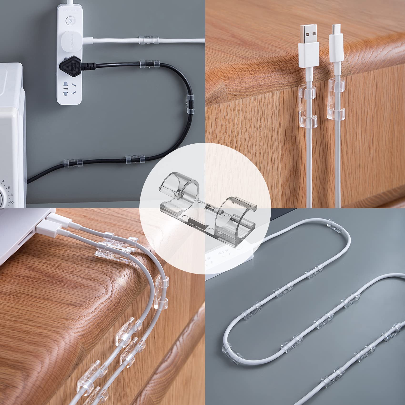 Clip Cavi Adesive 60 Pezzi - Organizzatore Cavi Per Scrivania, TV E Ufficio | Trasparente E Pratico