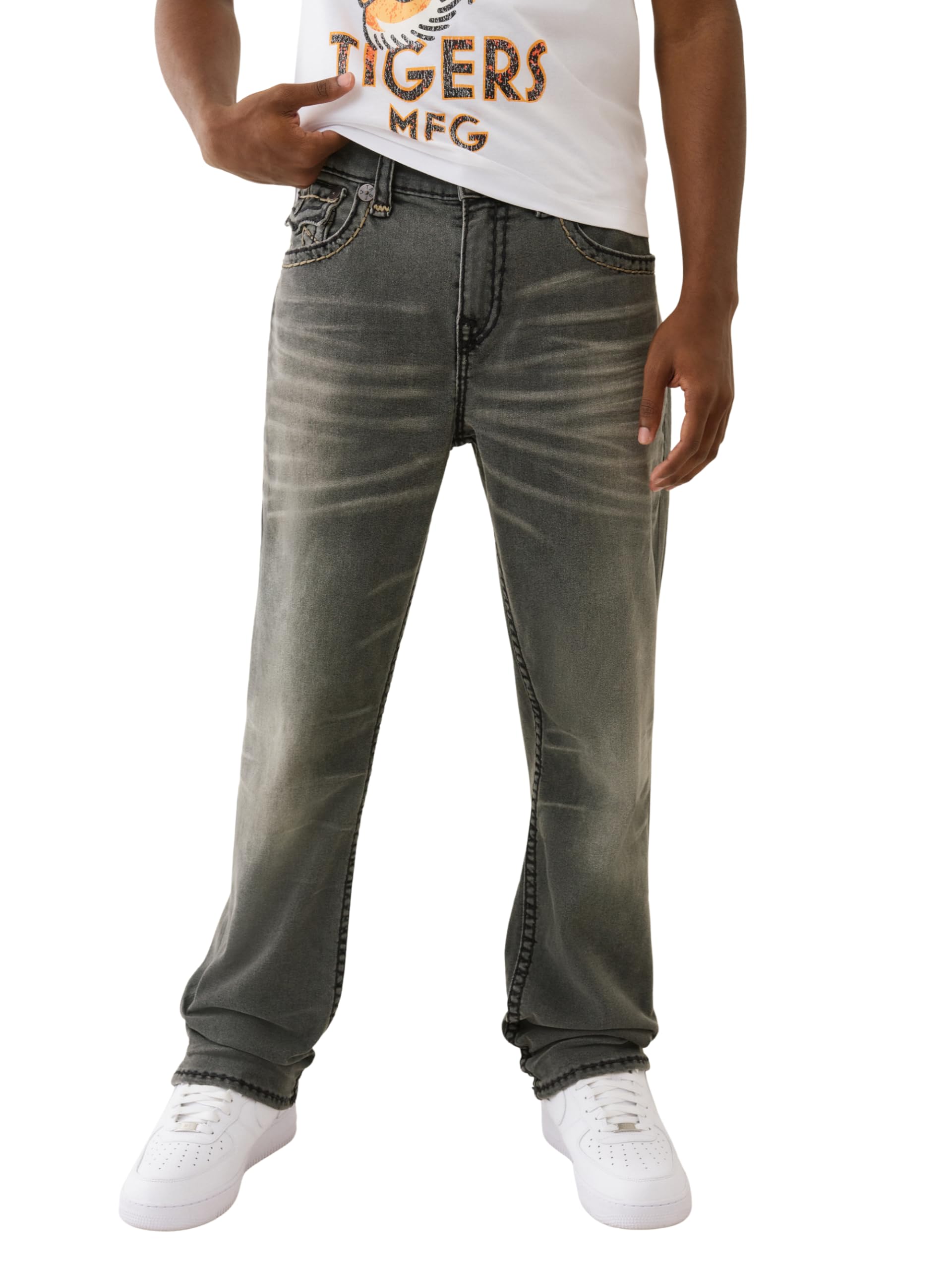True Religion Mens Bobby Super T Flap Jeans 32 Inseam Relaxed Bootcut Denim with Contrast Stitching