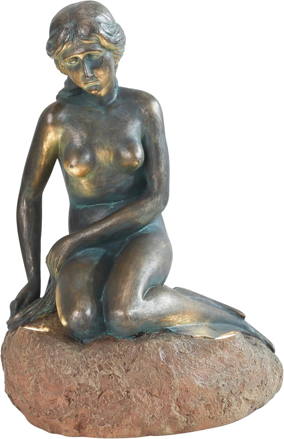 Techko Outdoor Weatherproof Little Mermaid Bronze-Finish Garden Statue Decor with Included Solar LED Spotlight with 10+ Hour Life