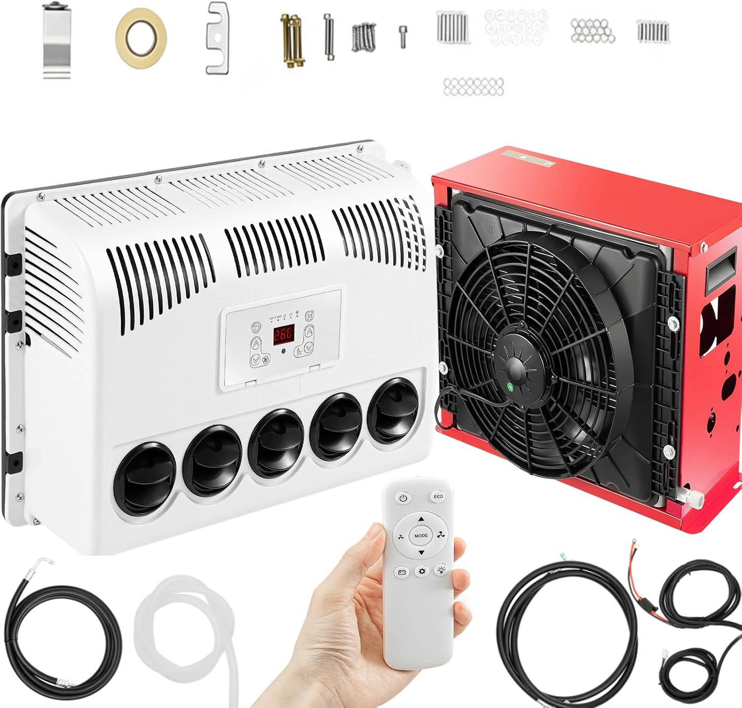 11000BTU Truck Cab Air Conditioner Split, 12V RV AC Split, 400-600W 5-gear Wind Speed Universal Caravans Electric AC Unit w/Remote, Aluminum Condenser, for 12V Vans, Ships, Heavy/Light Trucks