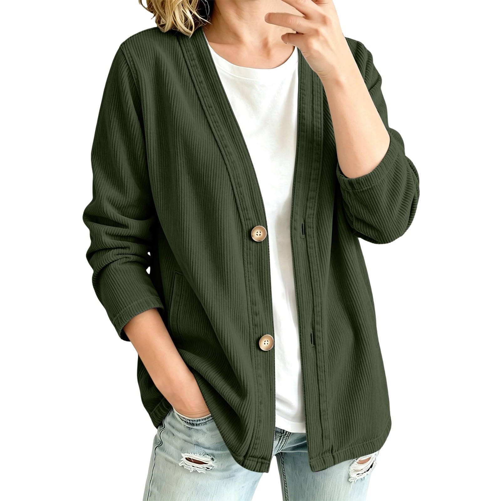 Veste pour femme en velours côtelé avec col en V, boutonnée sur le devant