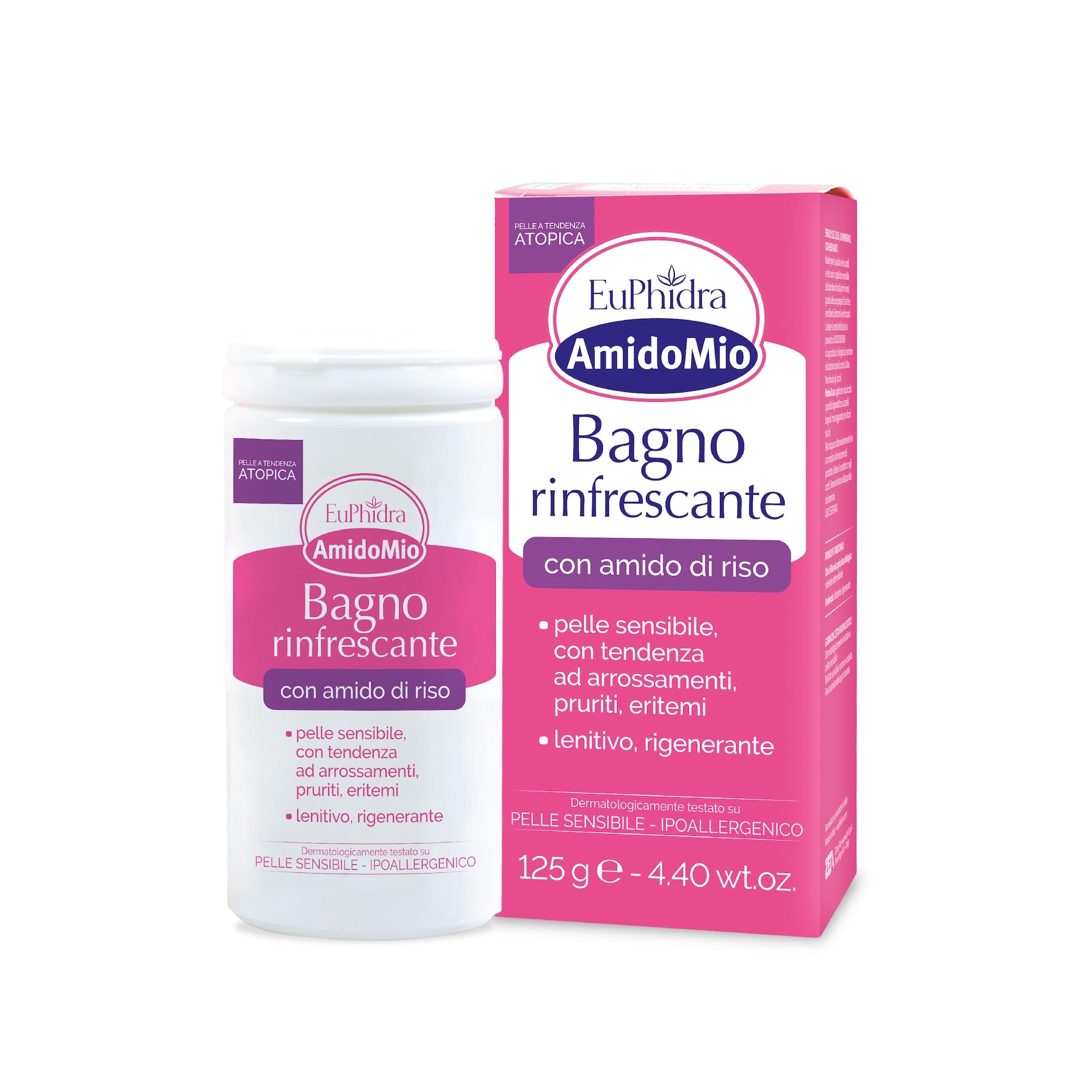 Euphidra - AmidoMio Bagno Rinfrescante, Polvere Lenitiva con Amido di Riso 100% puro, per Pelli Delicate e Sensibili, Rinfrescante e Antinfiammatorio, Flacone 125g