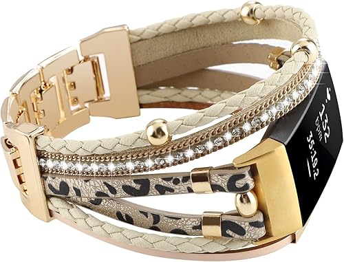 Elegante correa de cuero compatible con Fitbit Charge 4 Charge 3, pulseras bohemias para mujer, pulseras de joyería multicapa de repuesto para