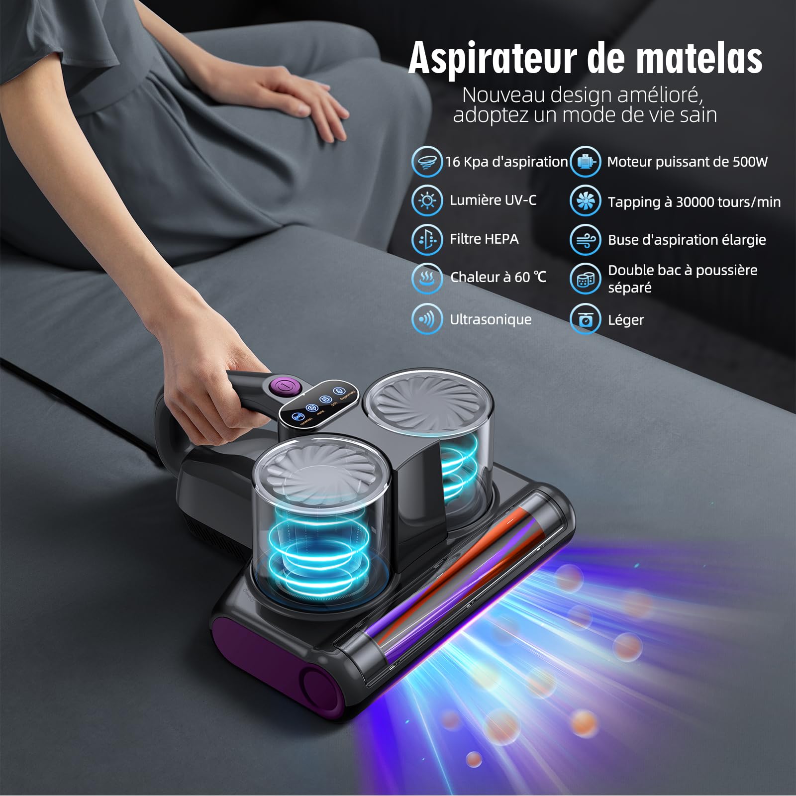 Aspirateur Anti Acariens Matelas avec Lumière UV-C de 253,7nm Aspirateur Lit 16Kpa Aspiration Ultrasons Chauffage Filtre HEPA Brosse Rotative Élimine des Allergènes 500W